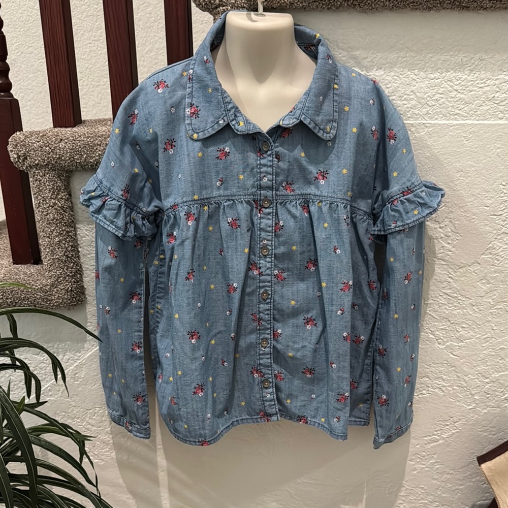 GAP Girl’s Floral Chambray Denim Long Sleeve Top Size XL EUC